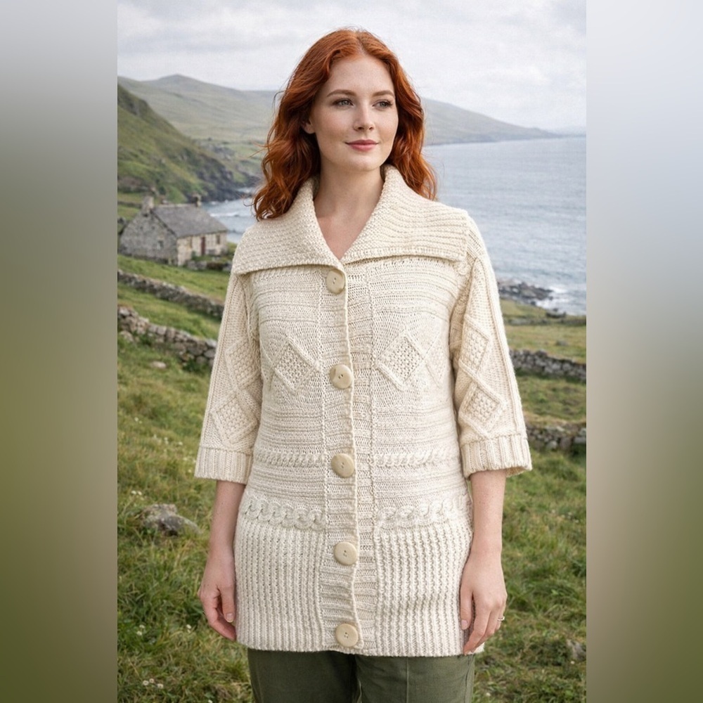 Inis Crafts Womens Cardigan Sz Medium Cream Merino Wool Irish Sweater Aran Knit
